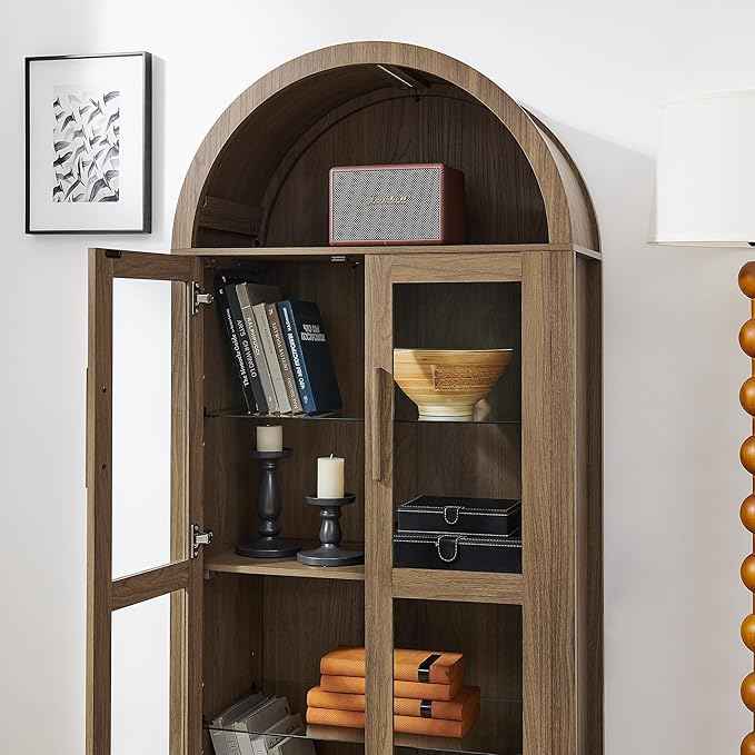 Arched Storage Cabinet with Glass Doors, Wood Display Cabinet with Adjustable Shelves and LED Lighting, 67H x 30W x 15.5D Inches, Modern Retro Style Kitchen Cabinet