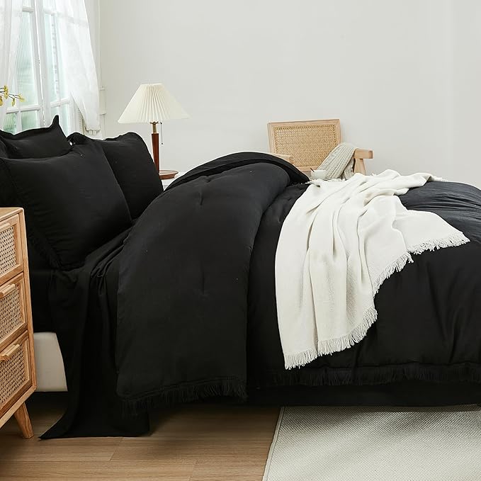 Andency California King Size Black Comforter Sets with Sheets - 7 Pieces Boho Tassel Bed in a Bag Soft Lightweight Bedding Sets, Black Fringe Bed Set with Comforter, Sheets, Pillowcases & Shams