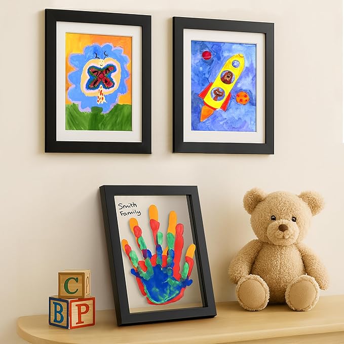 Americanflat Family Handprint Kit with Polished Plexiglass - 8x10 Frame with Five Panels for DIY Prints - Includes Washable Paint, Brushes and Marker - Keepsake Frame for Wall Display - Black