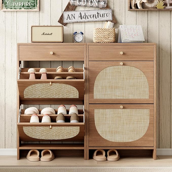 Nicetree Shoe Cabinet for Entryway, Slim Shoe Rack with 2 Flip Drawers and Top Storage Drawer, Narrow Shoe Organizer with Printed Rattan-Look Design, Entryway Shoe Storage for Size 12 Shoes, Caramel