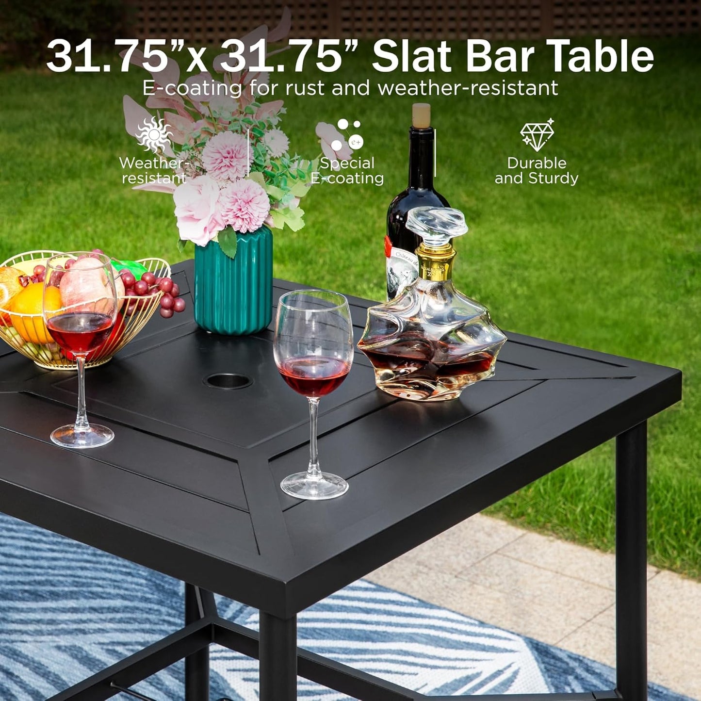 PHI VILLA 3 PCS Patio Bar Set, Bar Height Chair with 3.5" Thicker Cushion & Retro-Metal Square Table,Sturdy and Durable,Outdoor Height Bar Dining Set for Poolside,Yard