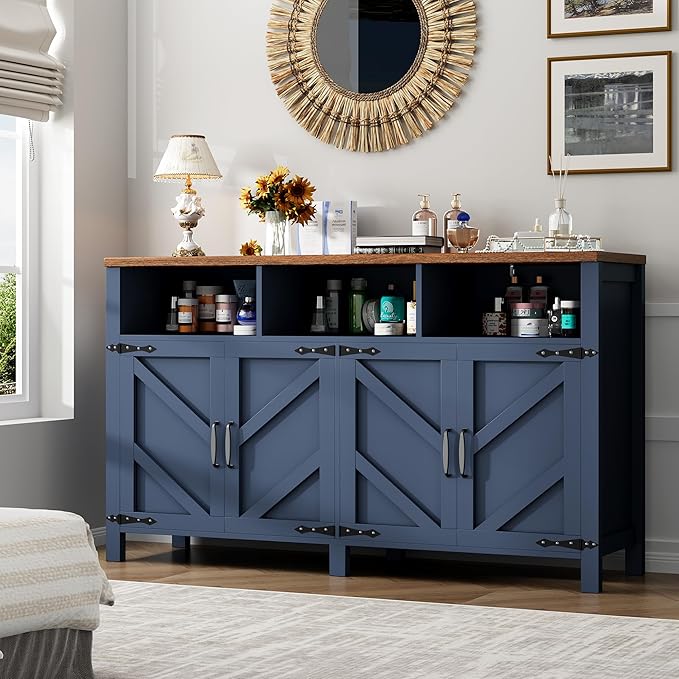 Buffet Sideboard with Storage Farmhouse with 4 Doors, 55'' Large Kitchen Storage Cabinet Wood Coffee Bar Buffet Table for Kitchen, Dining Room (Blue, 55 in)