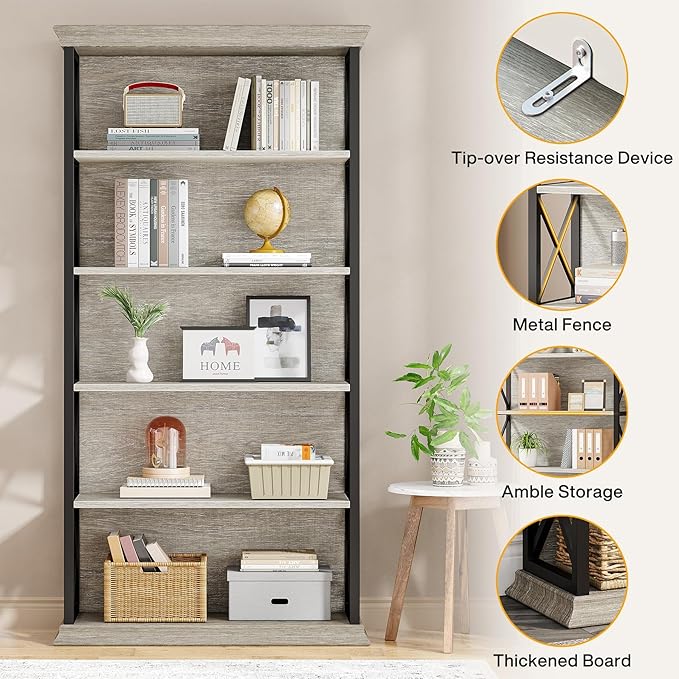 Tribesigns 6-Tier Bookcase, 71 Inches Industrial Bookshelves and Bookcases, Floor Standing 5 Shelf Display Storage Shelves Tall Bookcase for Home Office, Living Room, Bed Room, Grey
