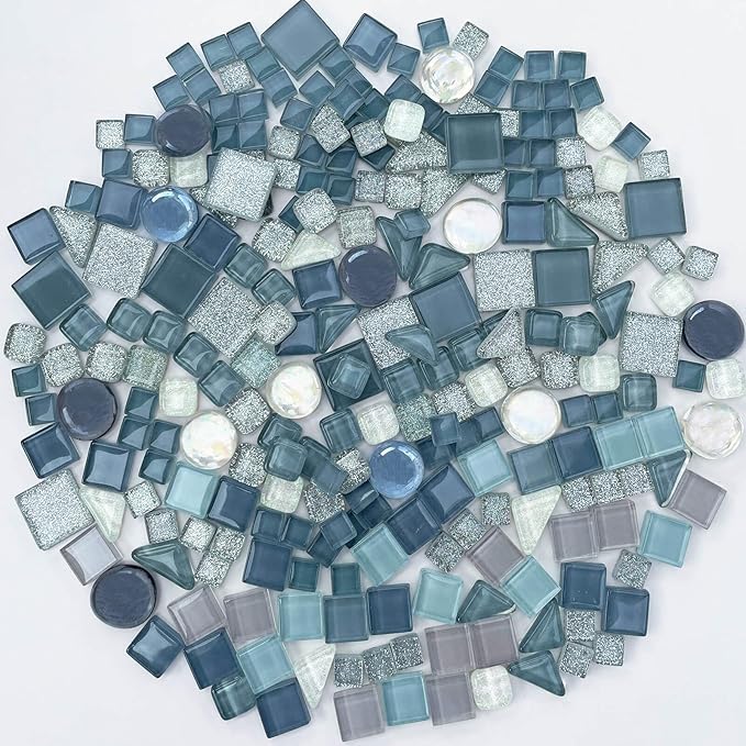 LITMIND 1.1 LB Gray Irregular Glass Mosaic Tiles with Backing, Assorted Mosaic Shapes for Creative Crafts – Ideal for Adult Mosaic Kits, Puzzles, and Artwork Projects