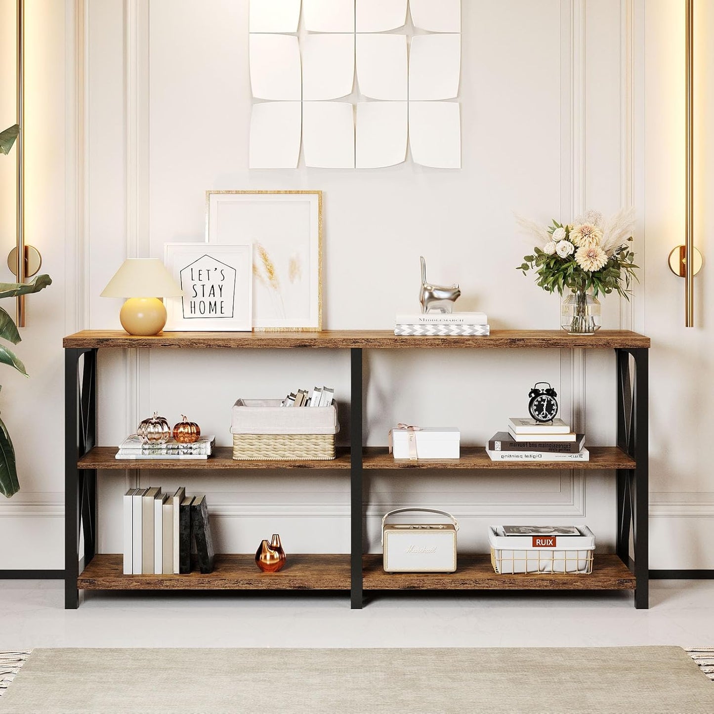 LVB Rustic Console Table, Industrial Wood Metal Sofa Table Behind Couch, Farmhouse Long Entryway Table with Storage Shelf, Large Wooden Foyer Hallway Table for Entry Living Room, Rustic Brown, 63 Inch