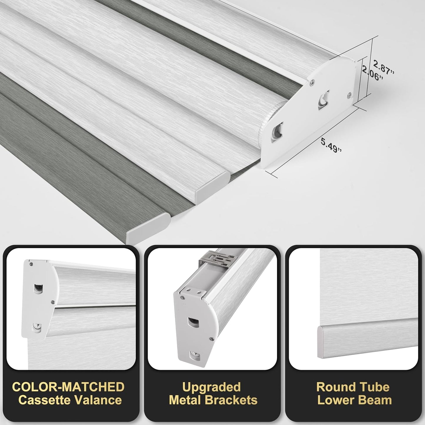 BERISSA Cordless Dual Roller Shades with Cassette Valance, Double Window Shades - Blackout and Light Filtering, Day and Night for Home Office Doors. Grey and White. 47 W x 36" H