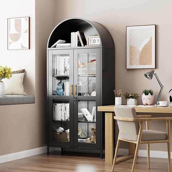 78.74" H Metal Arched Cabinet with Lock and LED Light Strip, Metal Display Cabinet with Glass Doors and Adjustable Shelves,Suitable for Dining Room, Home, Assembly Required,Black