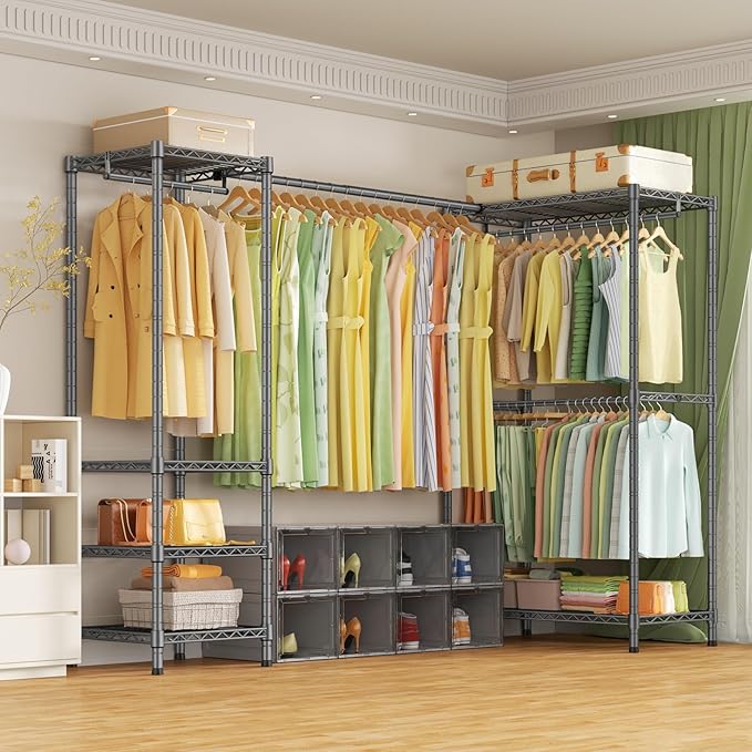 E10L L-Shaped Clothes Rack for Corner(With Expandable Hanger Rod)Heavy Duty Freestanding Clothing Racks for Hanging Clothes,Portable Garment Rack 58-82"W x 30"D x 72"H,Max Load 900LBS,Grey