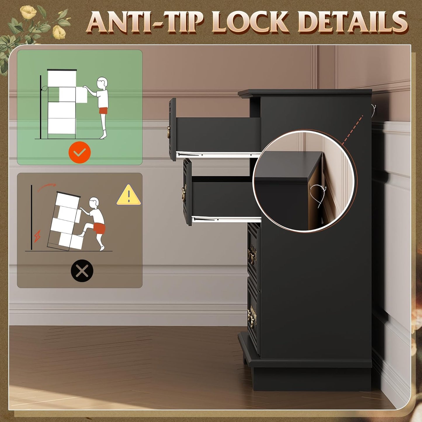 WLIVE Farmhouse Dresser for Bedroom, Tall Wood Dresser with 4 Drawers, Chest of Drawers with Roman Metal Handle for Living Room, Hallway, Closet, Black