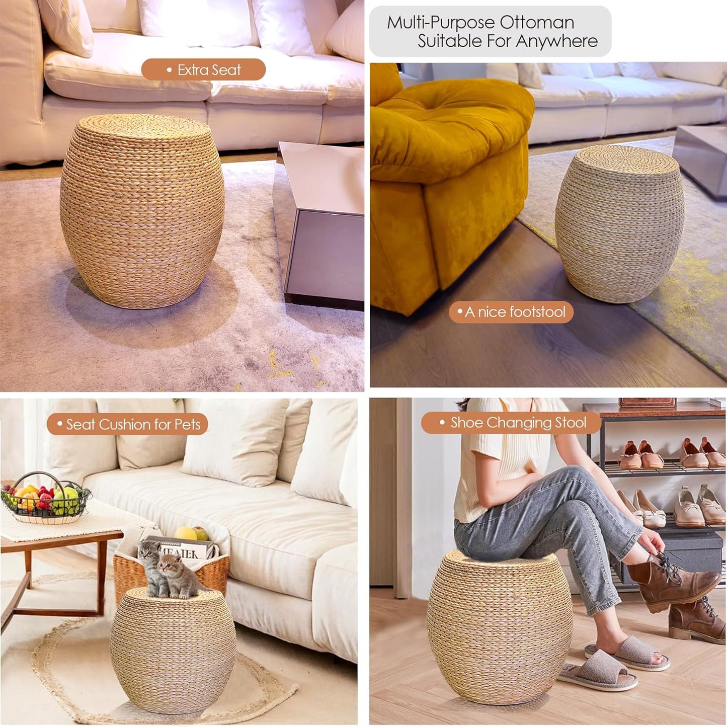 Round Poufs Ottoman,Hand Woven Natural Braided Cattail Ottomans Pouf for Patio,Home,Office,Living Room,Bedroom Indoor Outdoor Porch,Seagrass Footstool/Floor Accent Chair,Ottoman Foot Rest (Round)