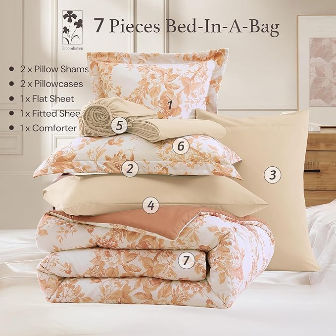 Full Comforter Set -7 Pieces Autumn Leaf Floral Comforter Set for All Seasons, Bed in a Bag Full with Botanical Flowers Comforter, Sheets, Pillowcases & Shams