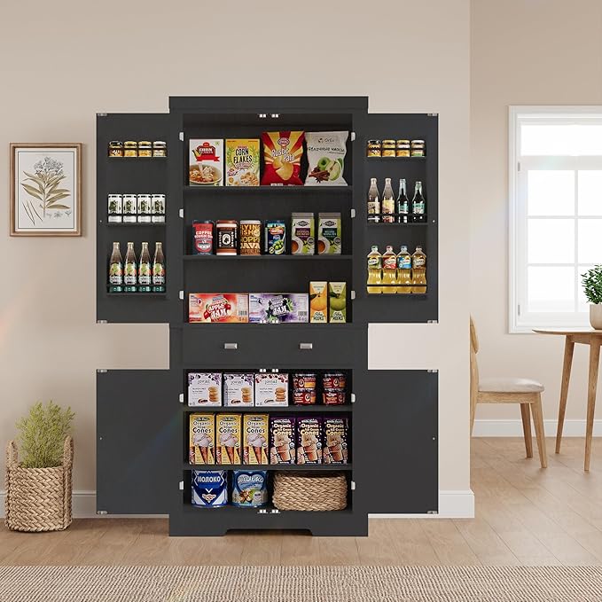 72" Tall Kitchen Pantry Cabinet with 6 Door Shelves, 2 Cabinets & 4 Adjustable Shelves, Freestanding Storage Cabinet for Kitchen, Living Room, Dining Room, Black