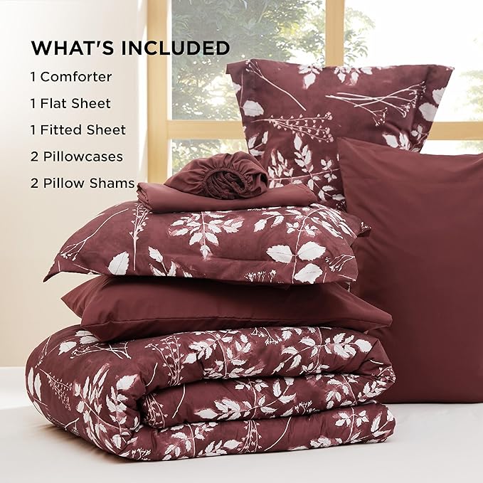 Bedsure Queen Comforter Set - 7 Pieces Floral Burgundy Soft Bedding Sets, Queen Bed in a Bag with Botanical Flowers Comforter, Sheets, Pillowcases & Shams