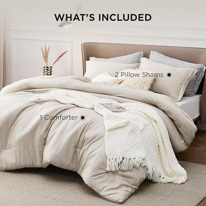 Bedsure King Size Comforter Set - Beige King Comforter Set, Soft Bedding for All Seasons, Cationic Dyed Bedding Set, 3 Pieces, 1 Comforter (104"x90") and 2 Pillow Shams (20"x36"+2")