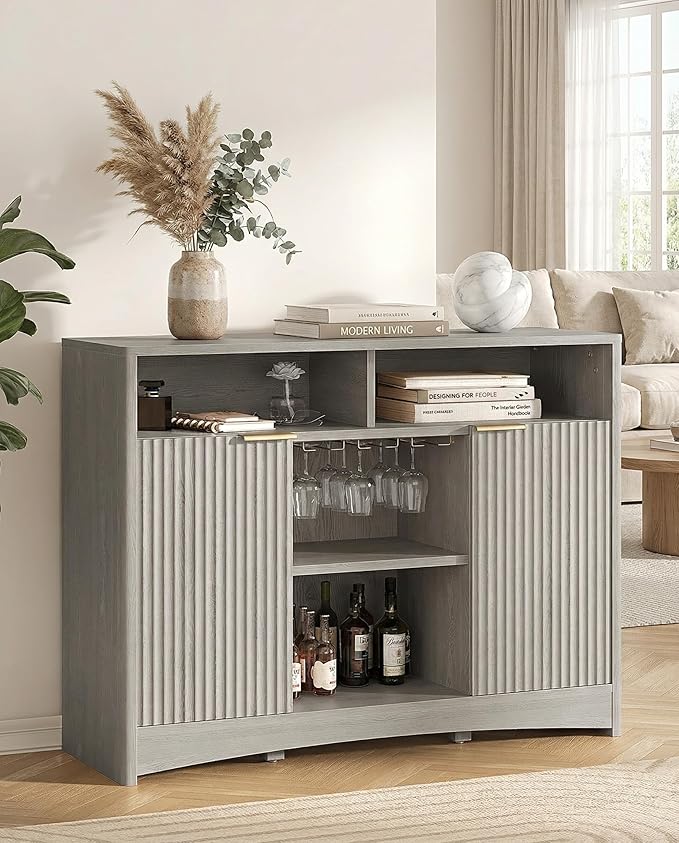Marsail 47.2" Bar Cabinets with Storage,Modern Sideboard with Fluted Glass Doors,Versatile Coffee Bar with Adjustable Shelves and Stemware Rack for Kitchen and Living Room,Light Grey