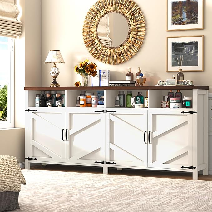 63'' Buffet Sideboard with Storage Farmhouse with 4 Doors, Large Kitchen Storage Cabinet Wood Coffee Bar Cabinet Buffet Table with Shelves for Kitchen, Dining Room, Entryway