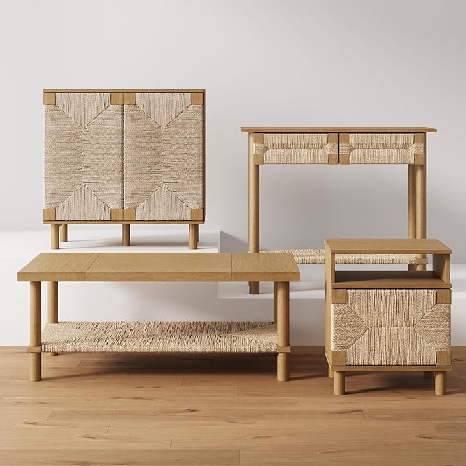 Nathan James Beacon Wooden Sofa Console Table with Drawers, Bohemian Entryway Accent, Hallway Furniture with Seagrass Shelf, Light Brown, Set of 2