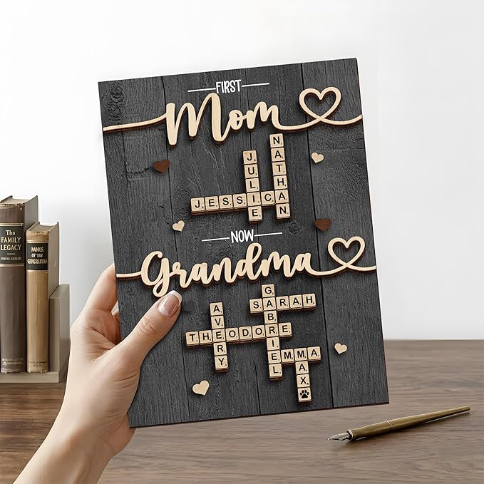 Personalized Family Scrabble Name Sign, Mom Gifts for Mothers Day from Son Daughter, Custom Crossword Tiles Letter Plaque, Birthday Gift for Nana, Grandma, Mimi, First Mom Now Grandma Keepsake