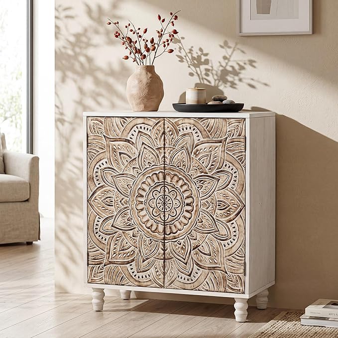 COSIEST Set of 3 32" Accent Storage Cabinets, Vintage Lotus Pattern Sideboards with Push-to-Open Doors, Carved Wood Buffet Table for Entryway, Kitchen, Living Room, Gray