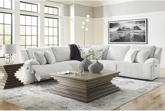 Signature Design by Ashley Top Tier Modern 5-Piece Reclining Sectional with Armrest and Throw Pillows, Light Gray
