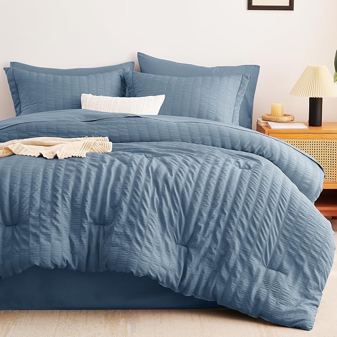 CozyLux Grayish Blue Full Size Comforter Sets with Sheets 7 Pieces, Dusty Blue Seersucker Bed in a Bag Textured Luxury Soft Bedding Set with Down Alternative Comforter, Sheets, Pillowcases & Shams