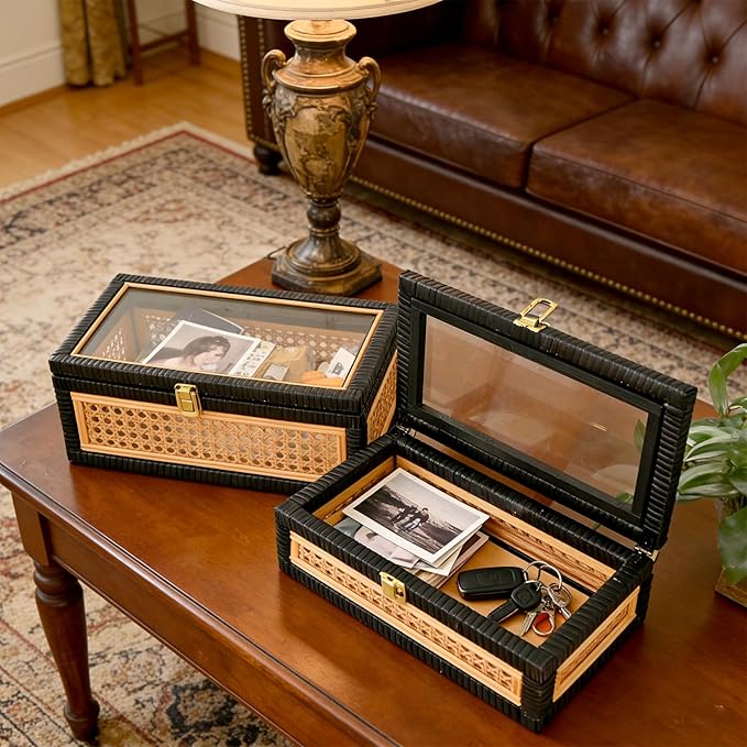 Black Rattan Decorative Storage Boxes with Glass Lids – Set of 2 Cane Weave Display Cases with Solid Wood Base – Nesting Coffee Table Organizer for Remotes, Jewelry & Keepsakes