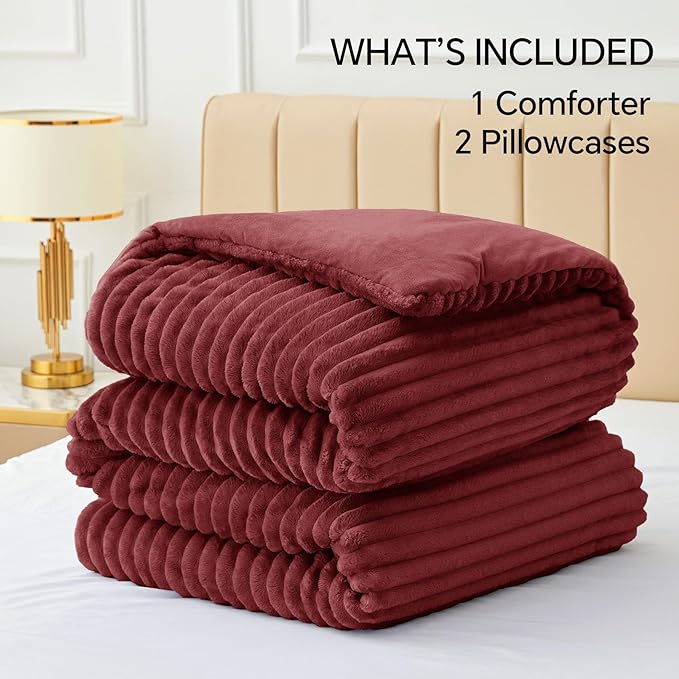 BEDELITE Fleece Queen Comforter Set -Super Soft & Warm Fluffy Burgundy Bedding, Luxury Fuzzy Heavy Bed Set for Winter with 2 Pillow Cases