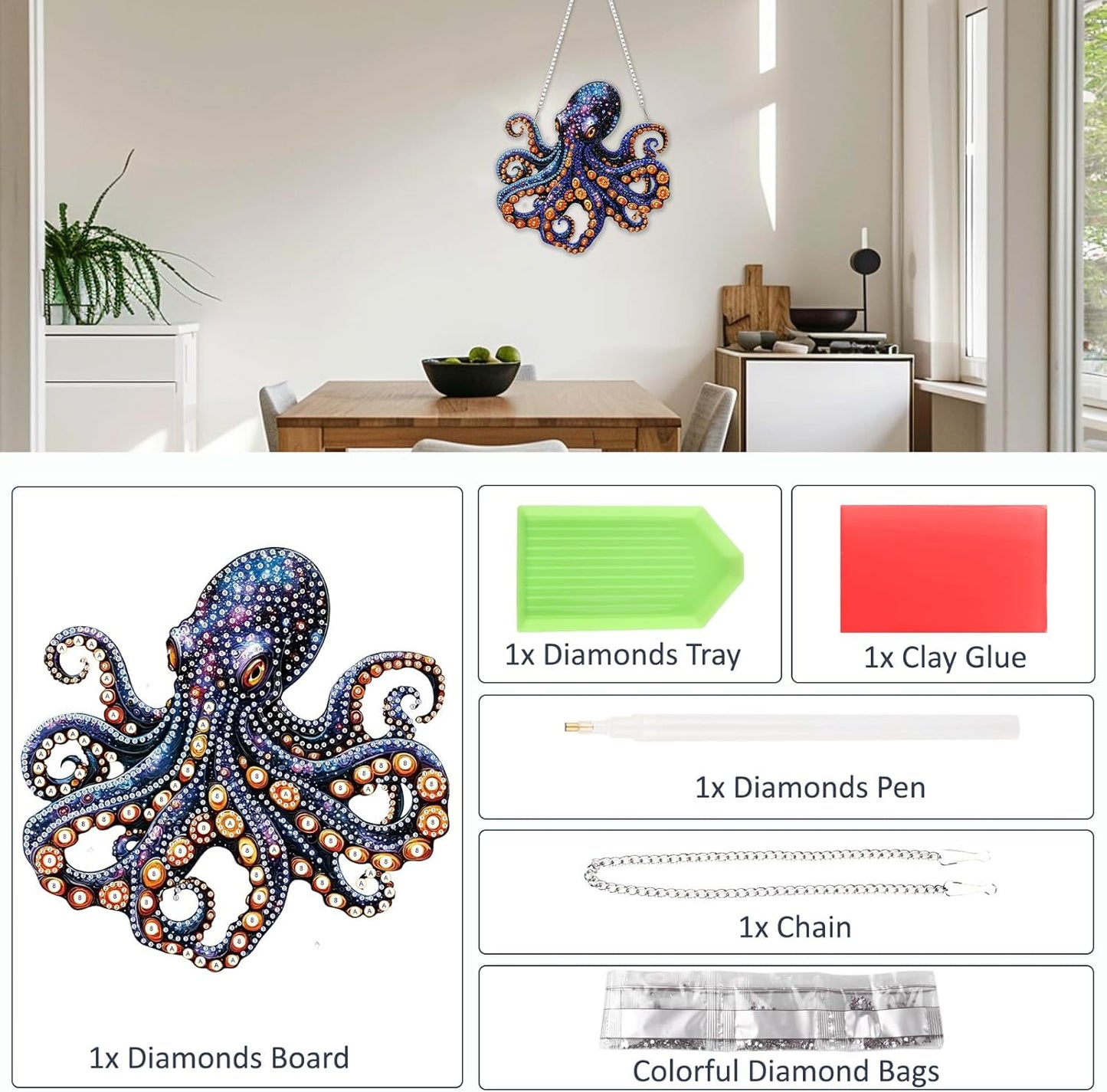 SENQAO Octopus Diamond Art Hanging Kit for Adult, Special Shaped Rhinestone, Double Sided DIY Acrylic Diamond Art Painting Window Pendants Home Garden Wall Hanging Kits Hanging Ornament