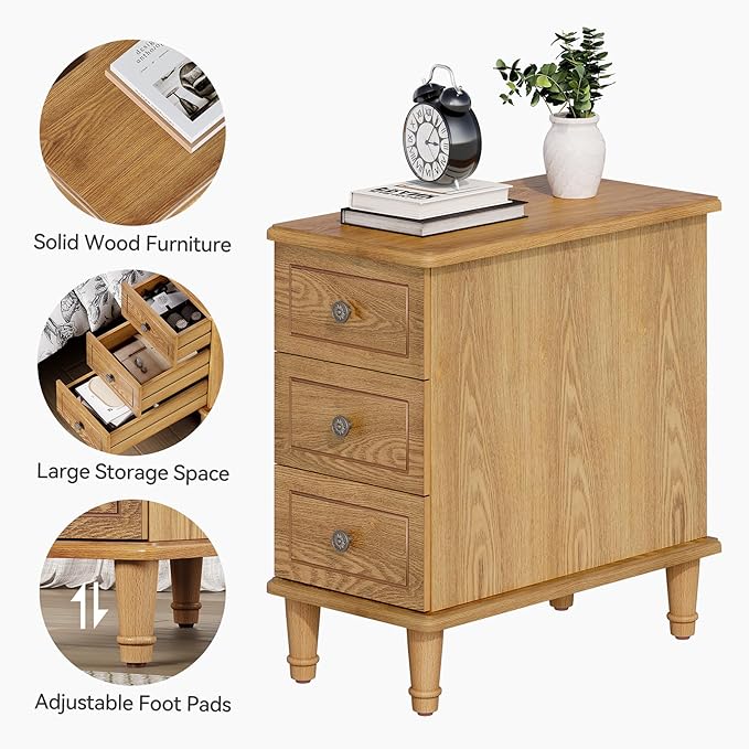 LITTLE TREE Fully Assembled End Table, Narrow Bedside Table with 3 Drawers, Vintage Nightstand for Small Spaces, Living Room, Bedroom, Natural Color