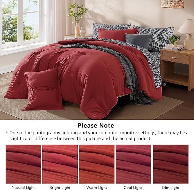 Monbix Queen Comforter Set - 7 Pieces Bright Red Prewashed Bed in a Bag Queen Bedding Sets with Comforters, All Seasons Ultra Soft Comforter Bed Set with Sheets, Pillowcases & Shams