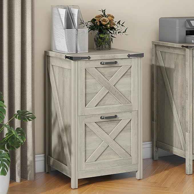 Vabches Vertical File Cabinet with 2 Drawers, Wooden Farmhouse Filing Cabinet for Letter/A4 Size Hanging Files, Under Desk Printer Stand with Storage for Home Office, Grey