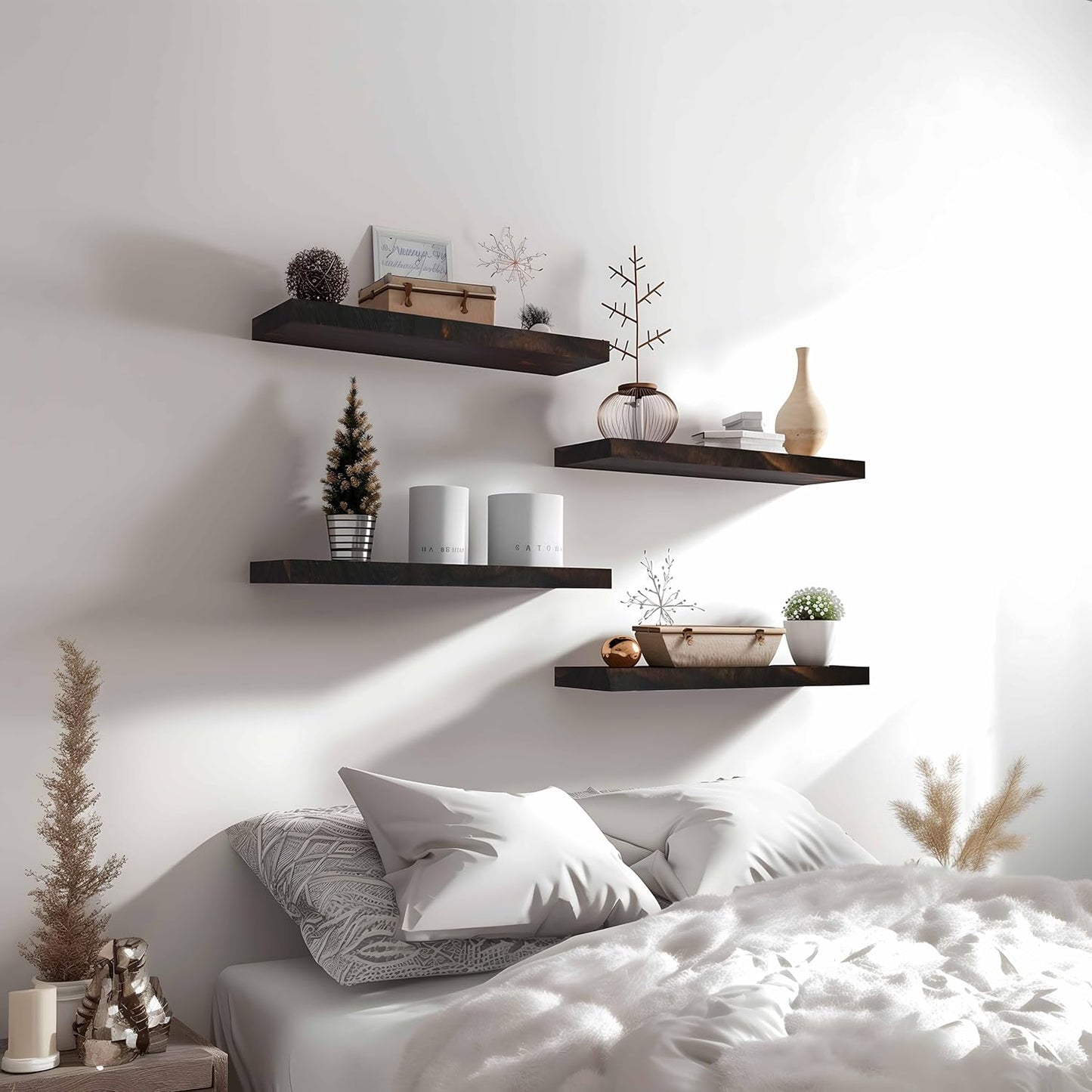 Wood Floating Shelves for Wall Decor, Rustic Wall Shelves for Bedroom Bathroom Kitchen Living Room, Set of 6 Walnut - Décor Diaries