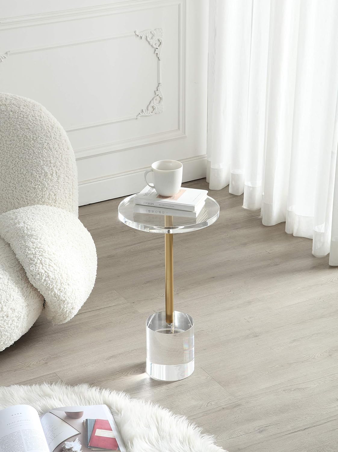 Clear Acrylic End Table,Side Table,Brushed Brass Metal,Round,for Office, Living Room and Bedroom,Easy Assembly,12x12 inch,21.3 inch high