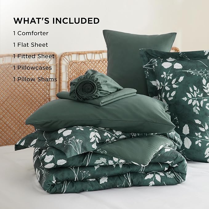Bedsure Twin Comforter Set - 5 Pieces Floral Forest Green Soft Bedding Sets, Twin Bed in a Bag with Botanical Flowers Comforter, Sheets, Pillowcase & Sham