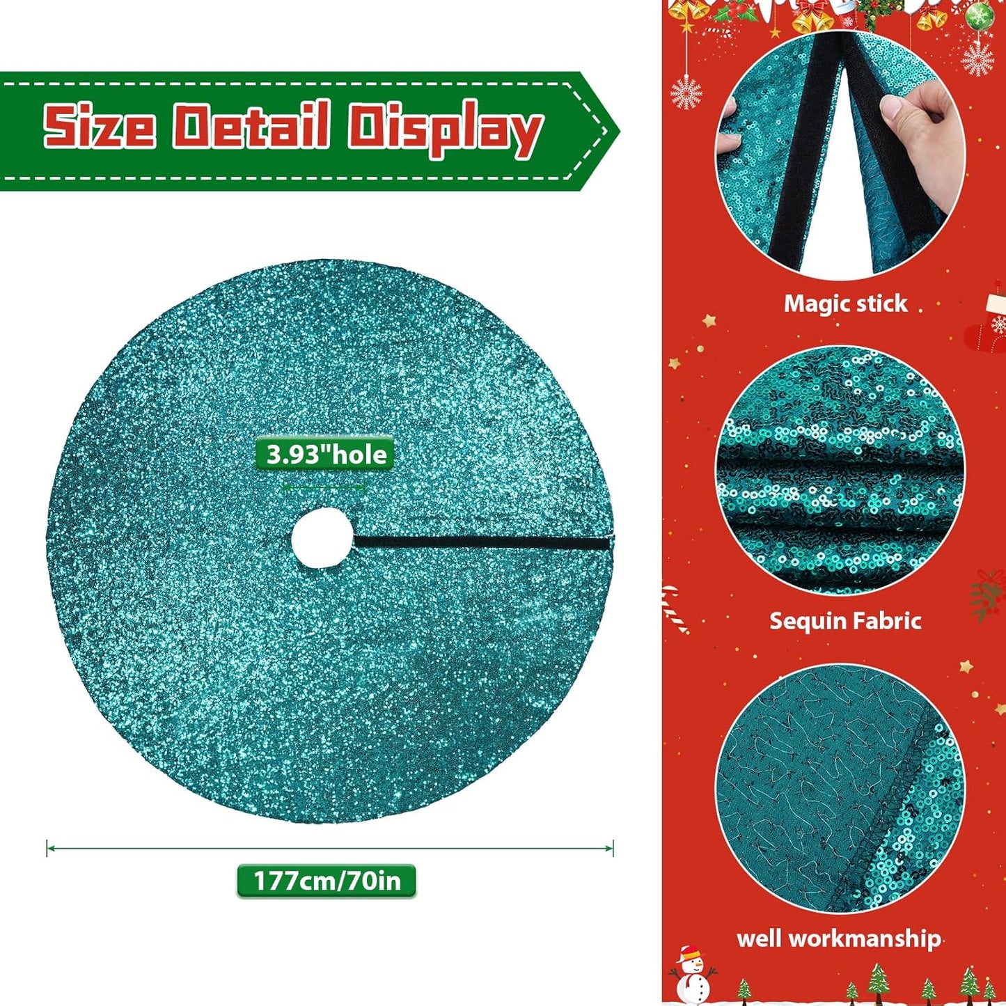 Eternal Beauty Christmas Tree Skirt, 70 Inch Teal Sequin Tree Skirt Small Xmas Tree Skirt for Christmas Tree Decorations