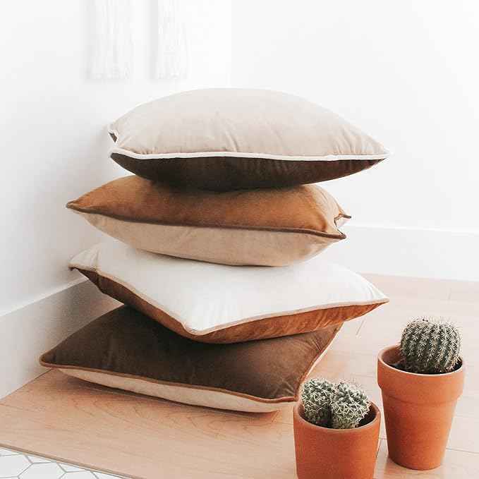 MONDAY MOOSE Decorative Throw Pillow Covers Cushion Cases, Set of 4 Soft Velvet Modern Double-Sided Designs, Mix and Match for Home Decor, Pillow Inserts Not Included (16x16 inch, Brown/Beige)