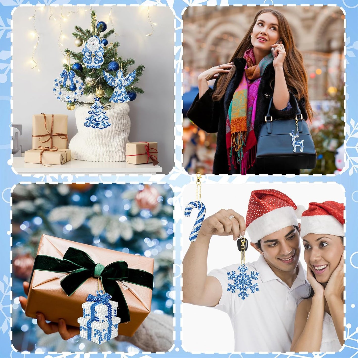 Tondiamo 20 Pcs Christmas Diamond Painting Keychain Kits 5D DIY Diamond Art Pendants Double Sided Hanging Key Chains for Christmas Party Decoration DIY(Blue and White Porcelain)