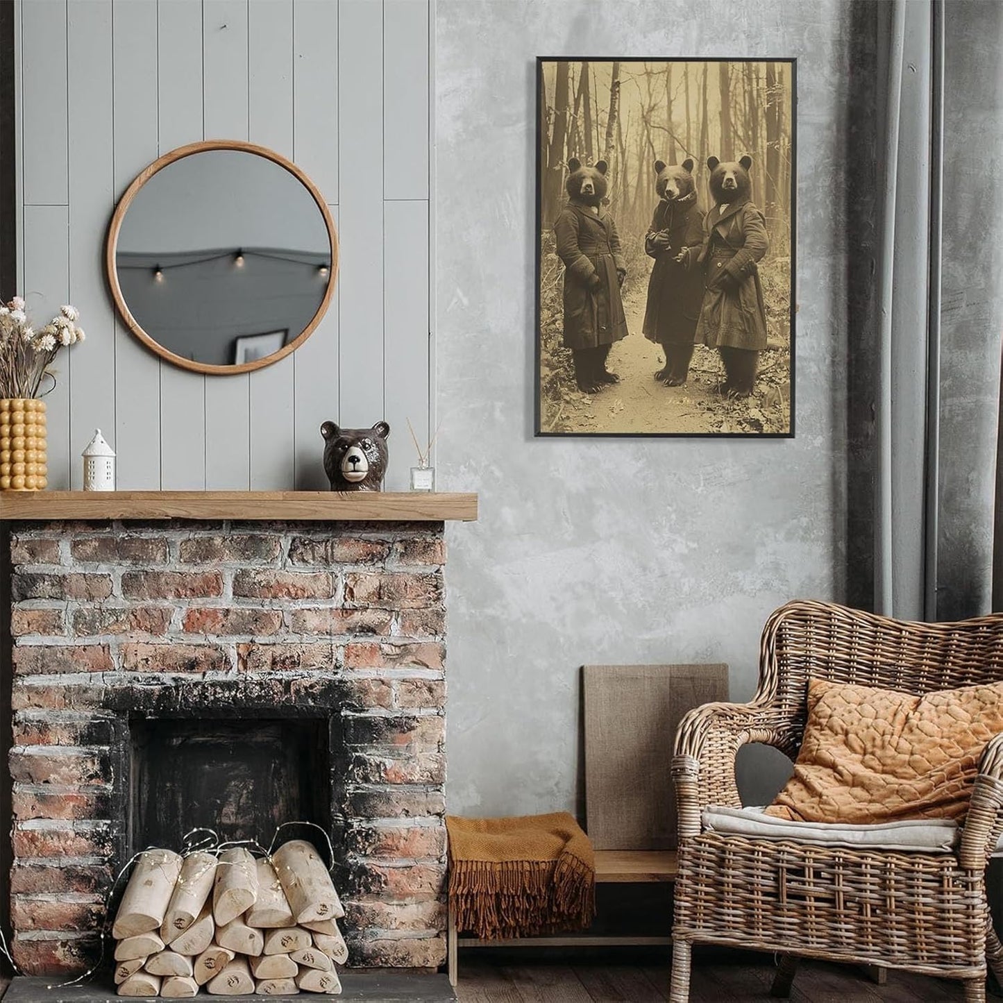 Vintage Horror Halloween Wall Decor Spooky The Three Bears In Occult Forest Spooky Canvas Wall Art Poster Gothic Dark Academia Decorations Room Creepy Print 16X24inch Aluminum Framed