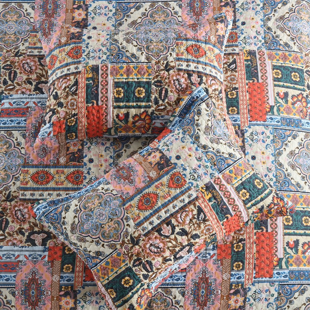 Cotton Bedspread Quilt Sets Reversible Coverlet Sets Comforters Vintage Bohemian Patchwork Bedspread Bedding Sets,Gorgeous Bohemian Floral,King Size