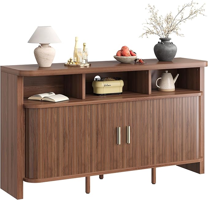 IRONCK 55" Sideboard Buffet Cabinet with Storage, Fluted Credenza with Sliding Door & Open Shelf, Mid Century Modern Accent Coffee Bar Console Table for Kitchen, Living Room, Entryway, Walnut