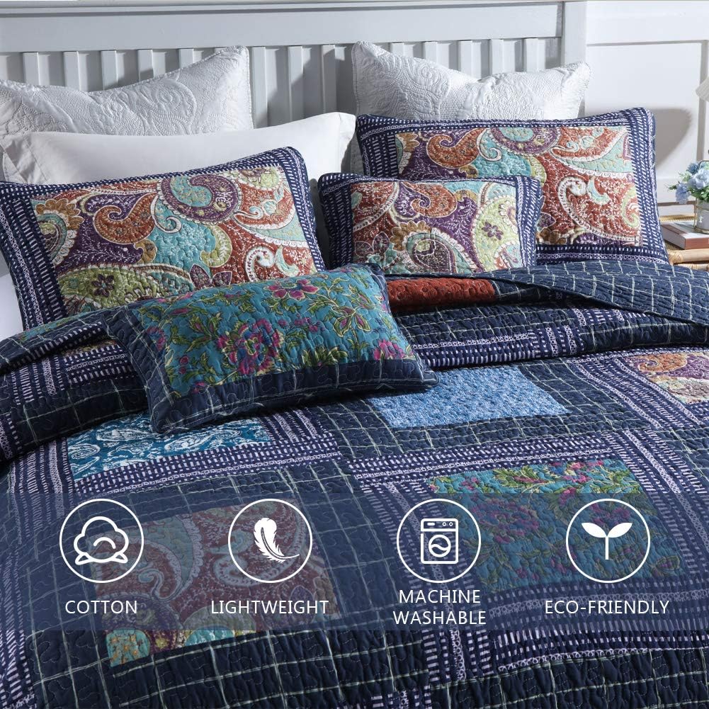 Secgo Twin Size Quilt Size - 100% Cotton Comforter Set Bedding Sets (68 * 86 Inch) with 2 Pillow Shams, Patchwork Reversible Lightweight Bedspread