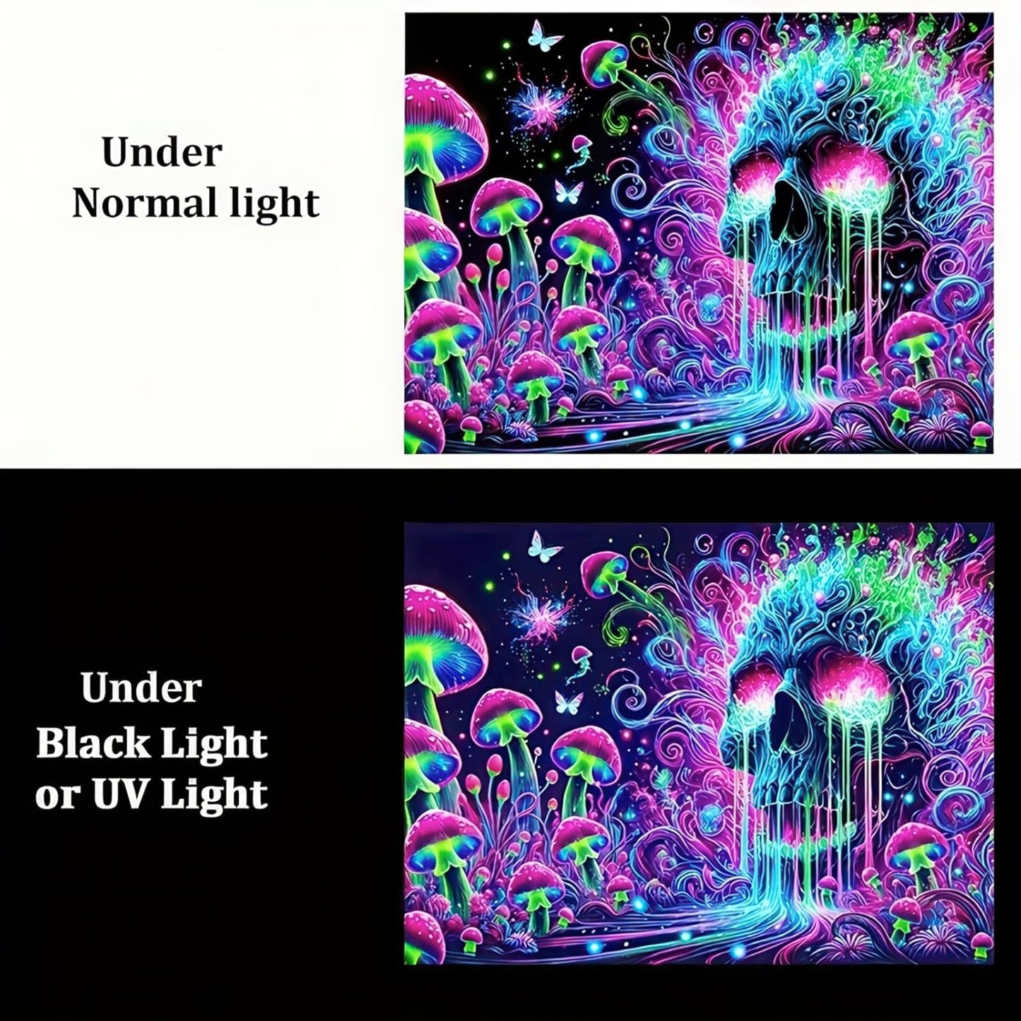 BlissYard Glowing Tapestry Blacklight Skull Tapestry 78x59 Inch Psychedelic Skull Mushroom UV Reactive Neon Mushroom Galaxy Space Tapestry Wall Hanging for Living Room Bedroom Party Backdrop Decor