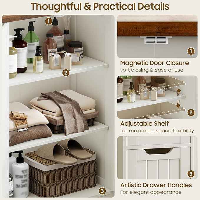 Vabches Farmhouse Bathroom Cabinet, Freestanding Storage Cabinet with 4 Drawers and 2 Doors, Rustic Storage Organizer with Adjustable Shelf for Bathroom, Living Room, Entryway, White