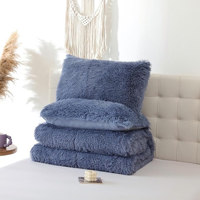 Smoofy Fluffy Full Size Comforter Set, Faux Fur Comforter Set, Luxury Fuzzy Bedding Set, Soft Shaggy Full Bed Set for All Season, 3 Pieces - 1 Comforter & 2 Pillowcases, Infinite Blue
