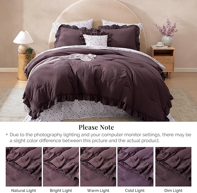 Oversized King Comforter Set - 7 Pieces Ruffle Dark Purple Bedding Sets, Shabby Chic Farmhouse Bed in a Bag with Ruffle Comforter, Floral Sheets, Pillowcases & Shams
