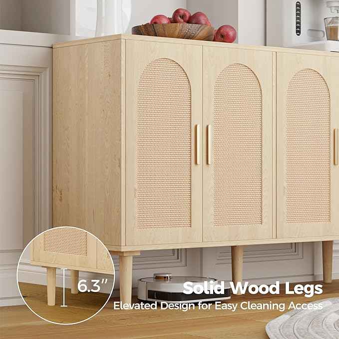 Modern Rattan-Door Sideboard Cabinet – 4-Door Credenza Buffet with Ample Storage, Large Accent Cabinet for Entryway, Living Room, Dining Room & Kitchen, Natural