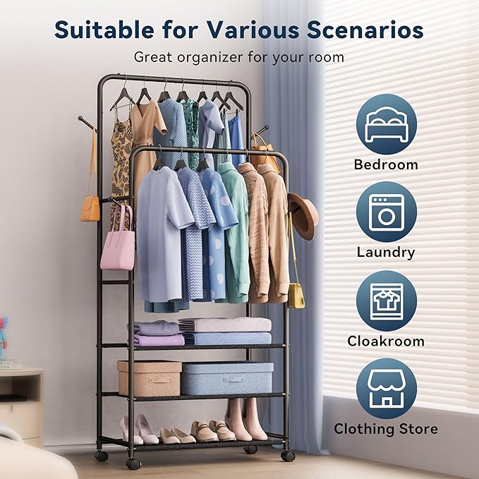 Whitmor Double Rod Clothes Rack: Metal Rolling Clothing Racks for Hanging Clothes, Heavy Duty Garment Rack with 3 Shelves, Portable Clothes Organizer for Bedroom, Laundry, Living Room, Black