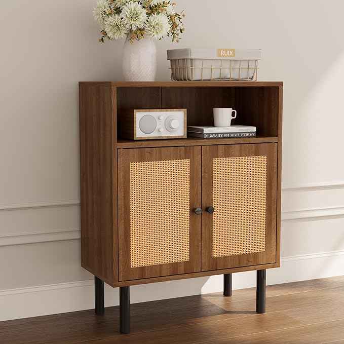 Rattan Storage Cabinet, Boho Accent Cabinet with Double Doors, Small Freestanding Sideboard for Hallway, Laundry Room,Kitchen, Dining Room, Entryway (Walnut)