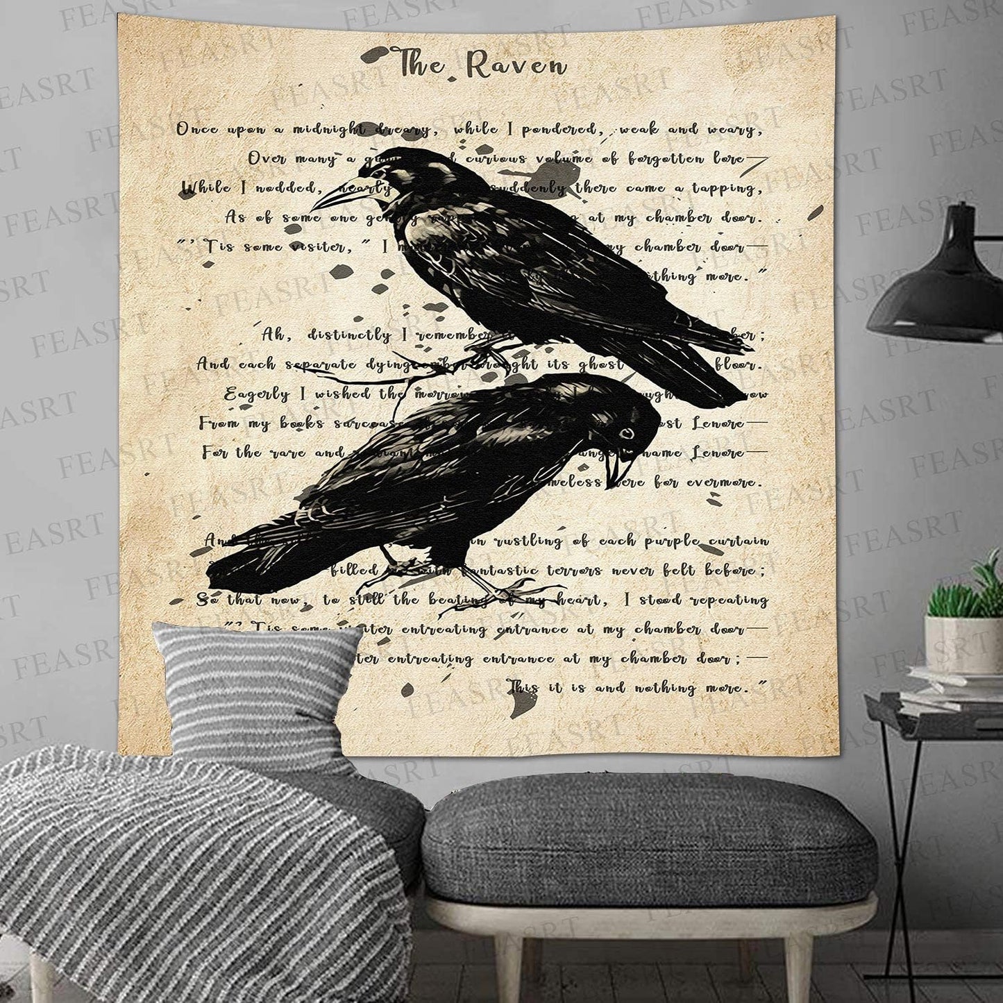 Raven Poem Wall Hanging 51x60 Inches - Crow Tapestry for Living Room, Bedroom, Home, Dorm, Office Decor
