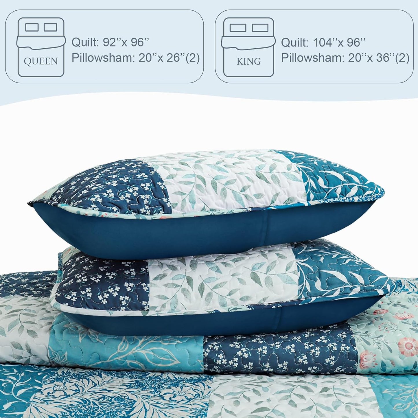 Exclusivo Mezcla Reversible Boho Quilt Set Queen Size, 3 Pieces Patchwork Navy Blue All Season Bedspreads, Ultra Soft Floral Coverlet Bedding Set with Printed Pattern (1 Quilt, 2 Pillow Shams)